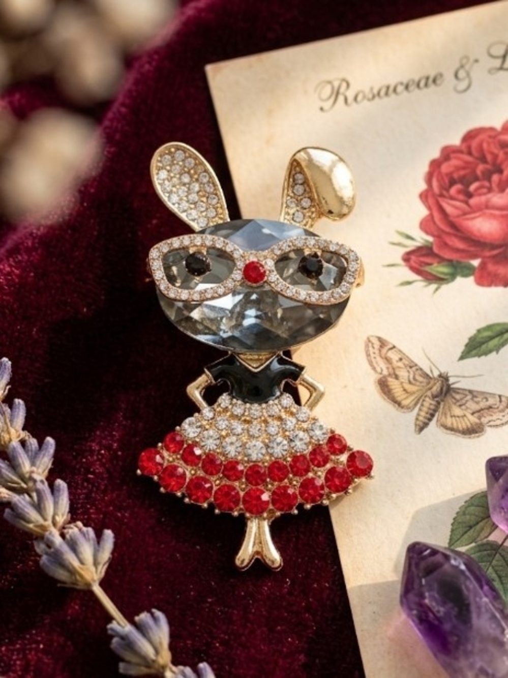 Crystal Bunny Brooch in Red and Gold - Fashion Jewelry